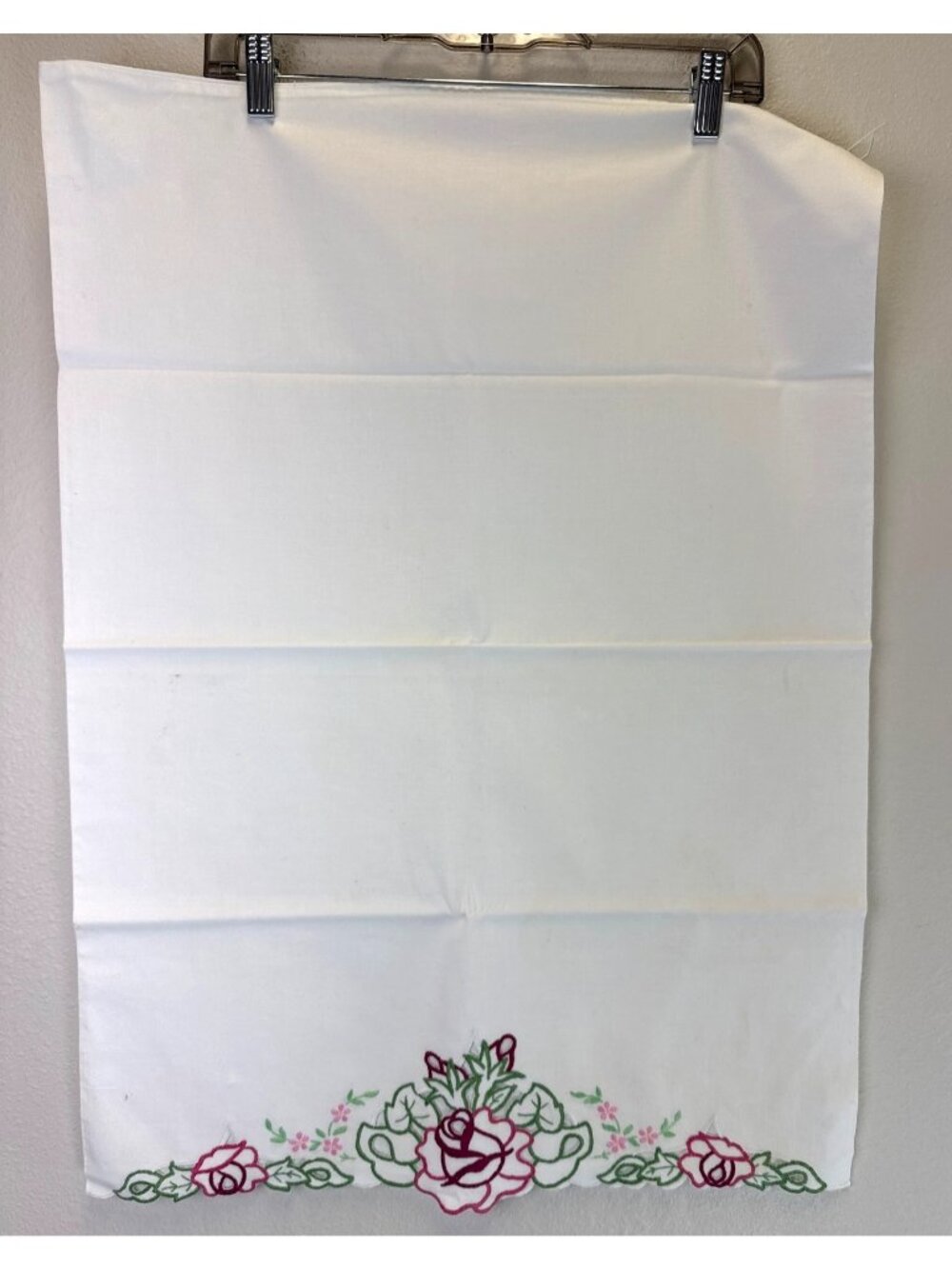Vintage Hand-Embroidered Floral Pillowcases With Pink & Green Roses Design